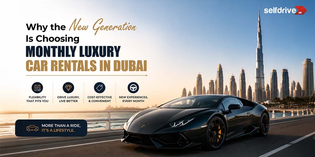 Sleek black sports car on a Dubai road with towering skyscrapers, including the Burj Khalifa, in the background. Text promotes luxury car rentals.